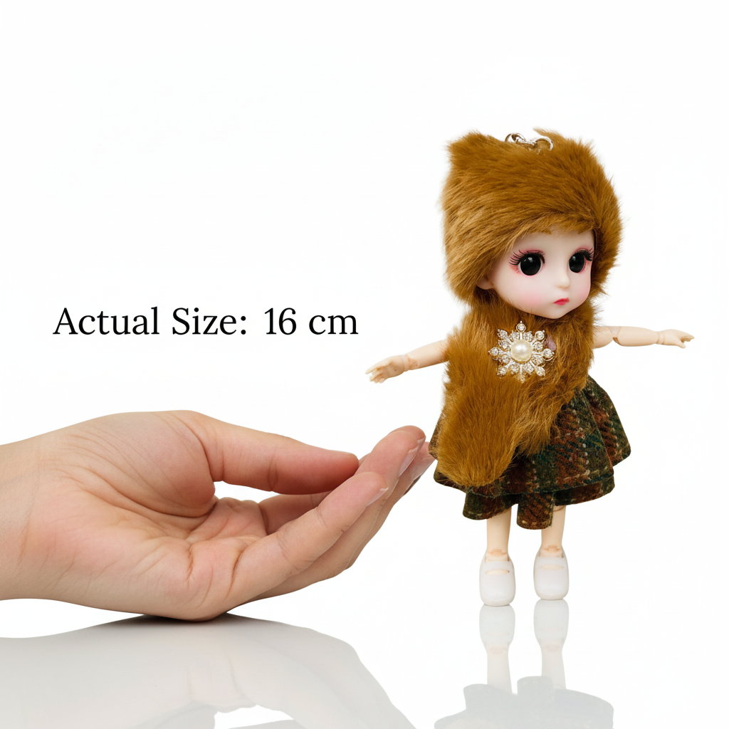 Mini BJD Doll – Fluffy Hat & Houndstooth Dress (16 cm)