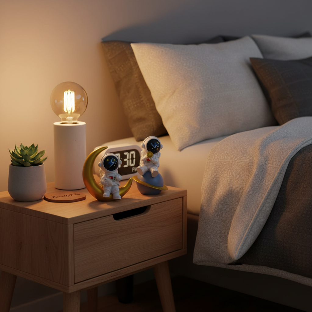 Space Astronaut Figurines on Bedroom Nightstand
