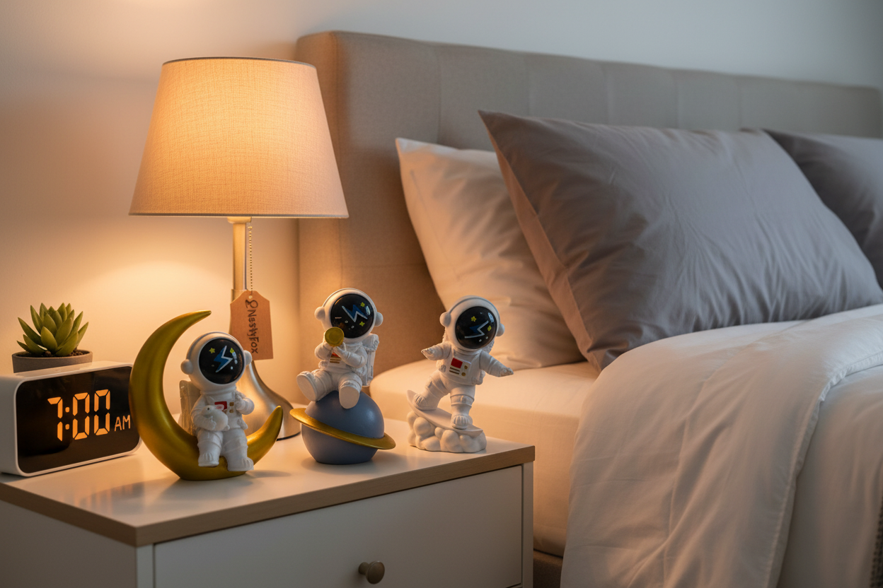 Space Astronaut Figurines on Bedroom Nightstand