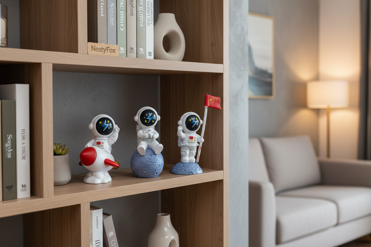 Space Astronaut Figurines on Living Room Shelf