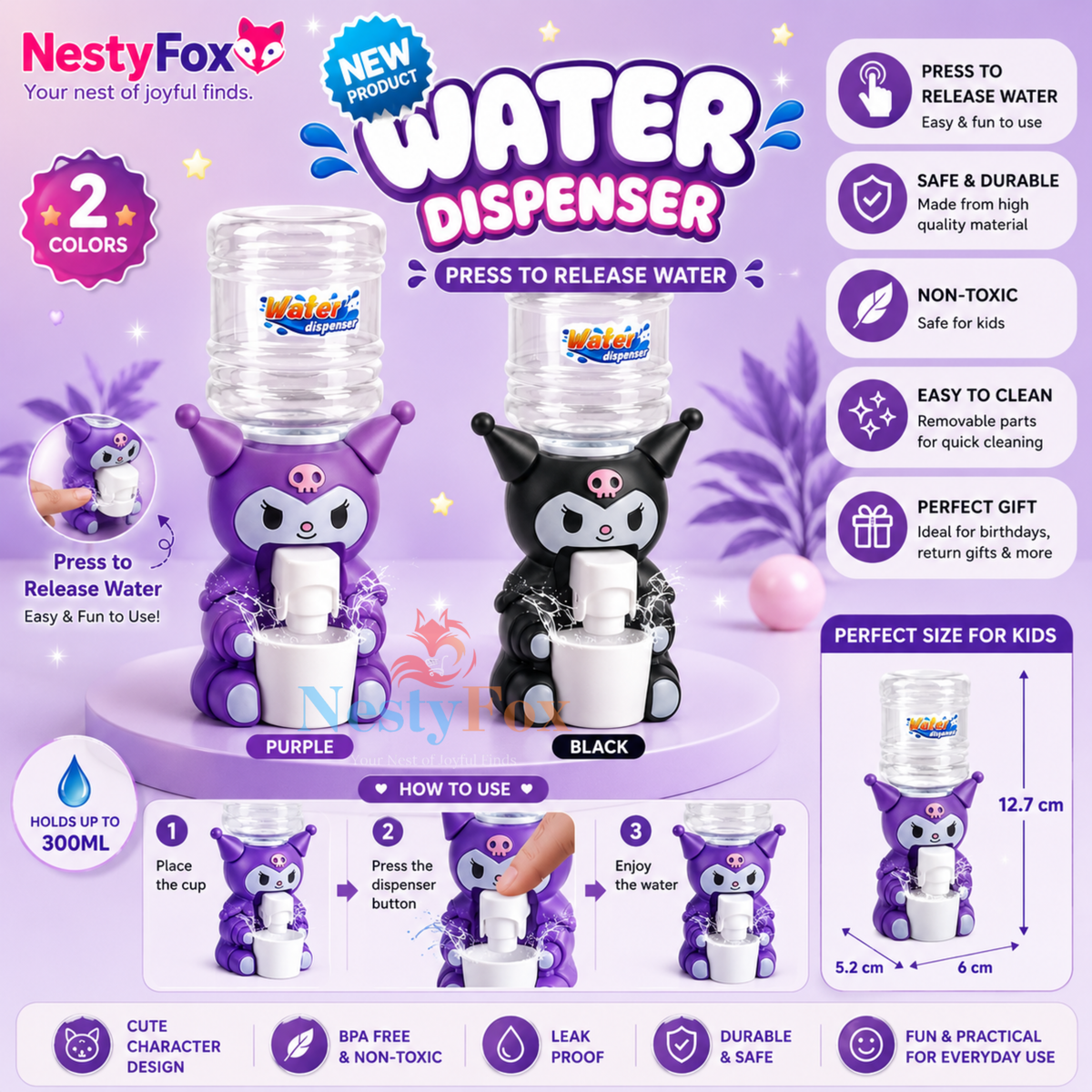 NestyFox mini water dispenser toy accessory in purple and black