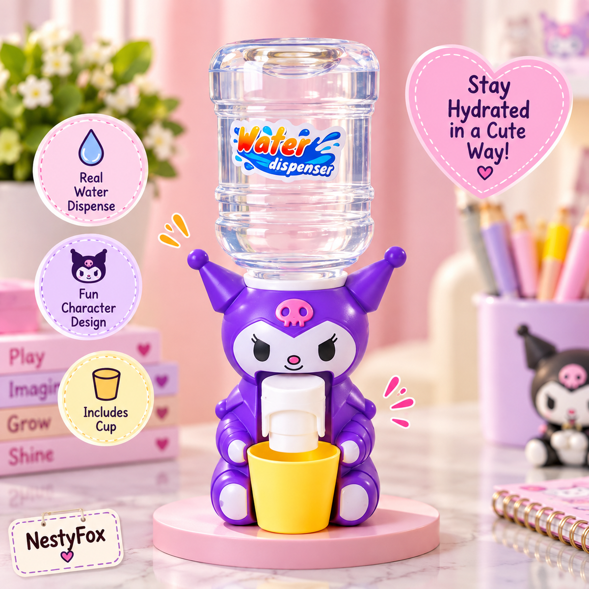 Purple character mini water dispenser with cup included in doll accessory gift set
